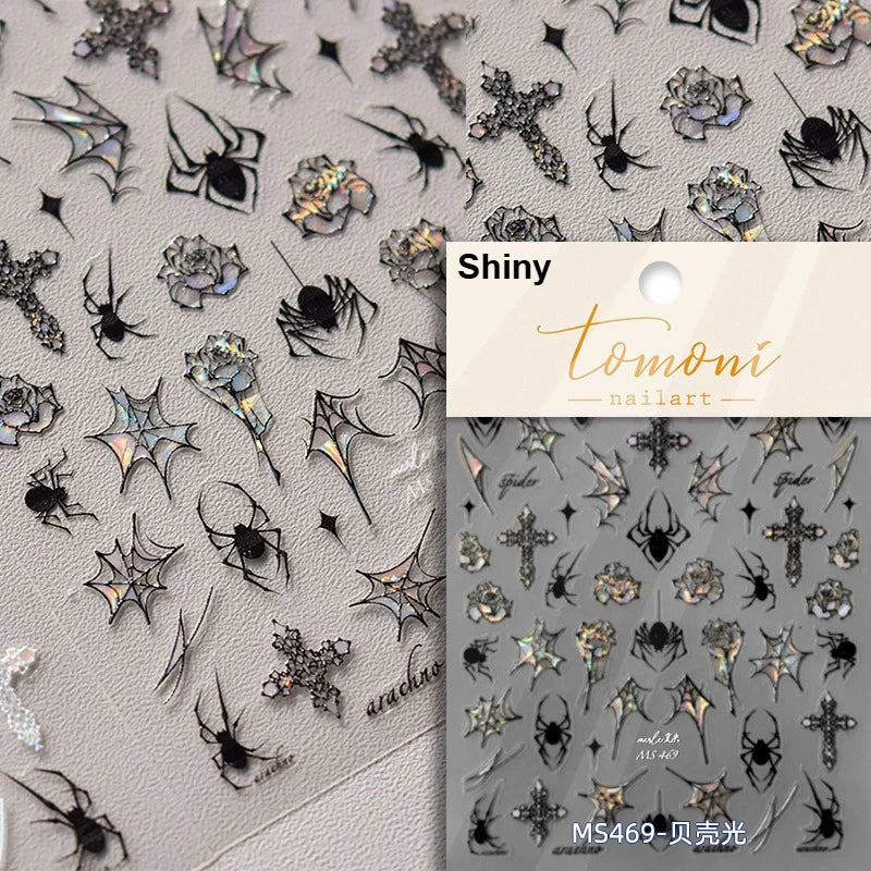 Shiny Silver Spider Web Insect Butterfly Dark Black Rose Flowers Ladybug Cicada Horrible Halloween Y2K Nail Art Stickers Decals
