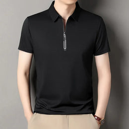New Men's Business Casual Zipper Short Sleeve Solid Color Polo Shirt Fashionable Warm Comfortable Four Seasons Versatile Top