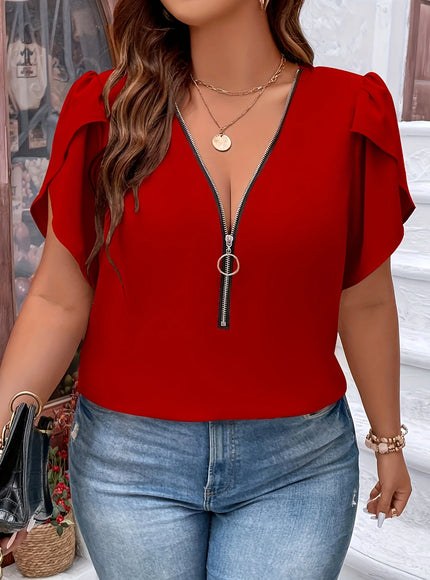 Plus Size Summer Women Elegant Zipper Chiffon Blouses Shirt Casual Office Lady Sollid Tops V Neck Female Clothing