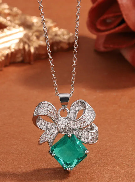 KissIcon 925 Silver Necklace Bow Green Zircon - Glow