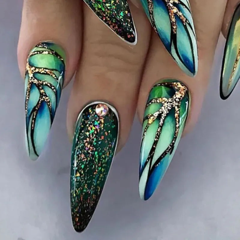 KissICON BKS2046 Realistic 24Pcs Green Almond Nails With Tools- Easy