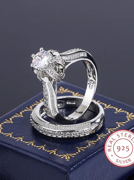 KissIcon Crystal Zircon Ring Set S925 Silver - Bridal Shine
