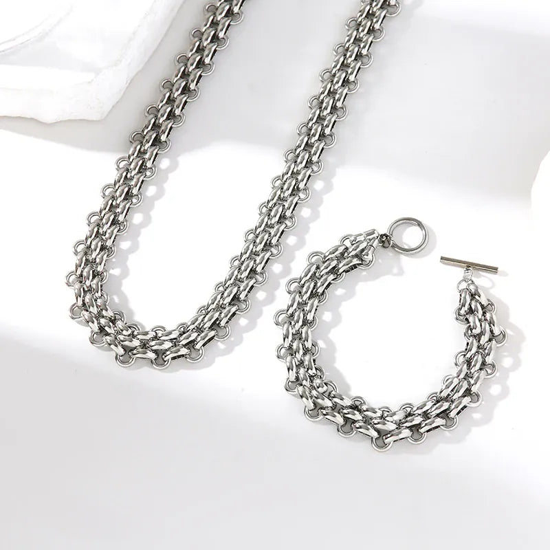 EILIECK 316L Stainless Steel Silver Color Cuban Chain Statement Necklace Bracelet Set Charm Fashion Women Waterproof Jewelry Set