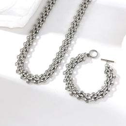 EILIECK 316L Stainless Steel Silver Color Cuban Chain Statement Necklace Bracelet Set Charm Fashion Women Waterproof Jewelry Set