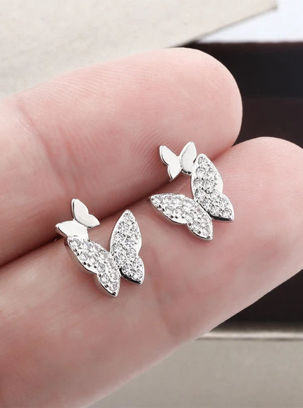 Butterfly Full Diamond Stud Ladies Simple Everything Temperament S925 Silver Plated Earrings Small Exquisite Send Girlfriend