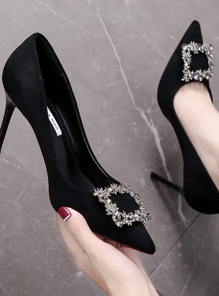 KissICON Women New Mid Heeled Sandals Black Square Buckle
