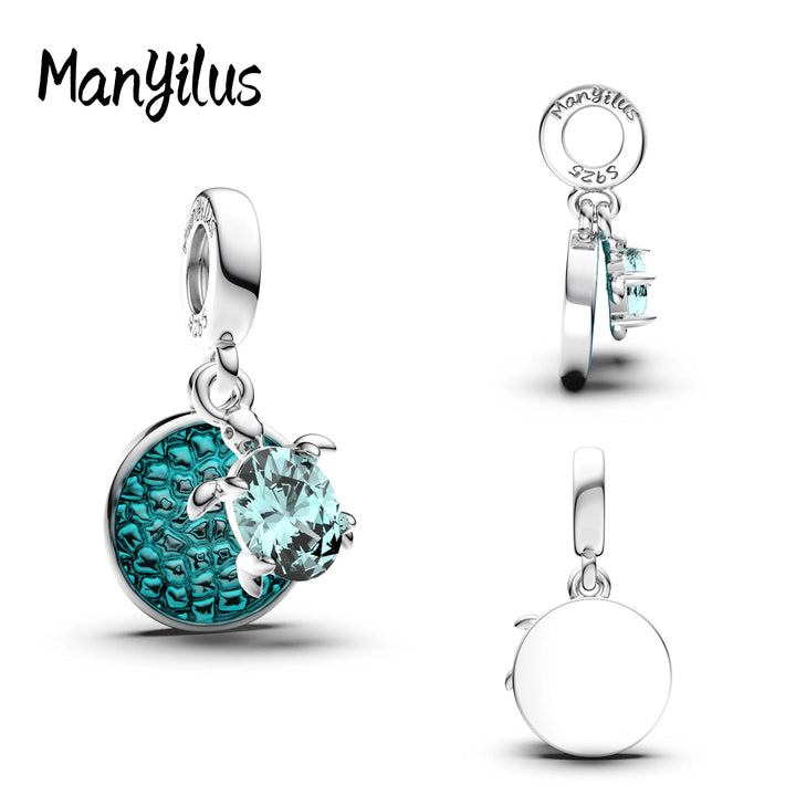 Manyilus S925 Silver Ocean Turtle Crystal Charm Original Bracelet Sparkling Sea Animal Jewelry Pendant DIY Nautical Life Gift