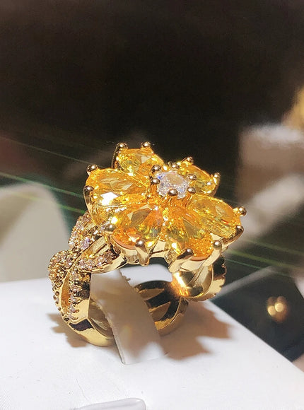 💋 New Women's Ring Yellow Zircon Flower - Silver Plated