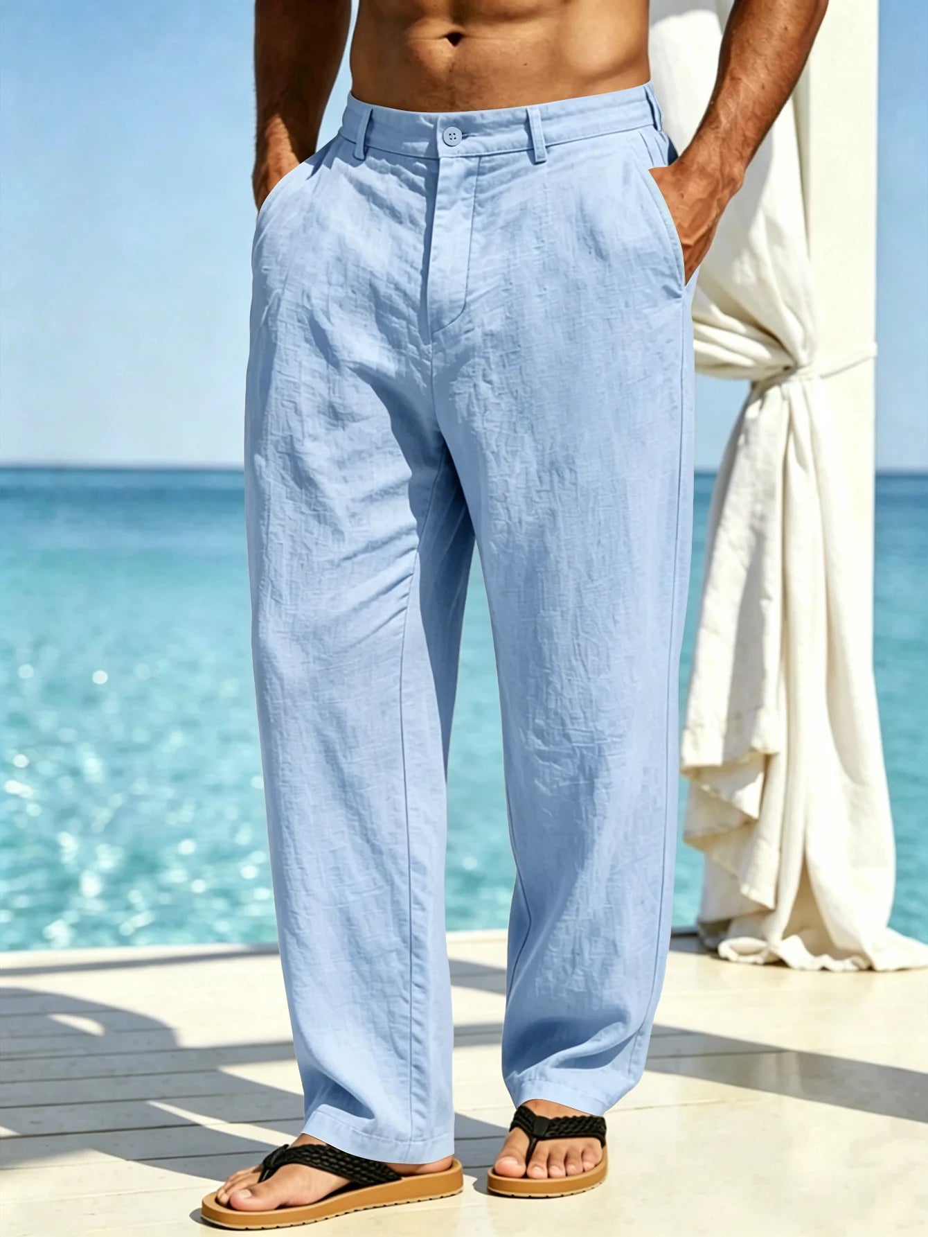 New Summer Men's Breathable, Smooth Linen Wide-Leg Straight Casual Trousers For Beach, Travel And Vacation