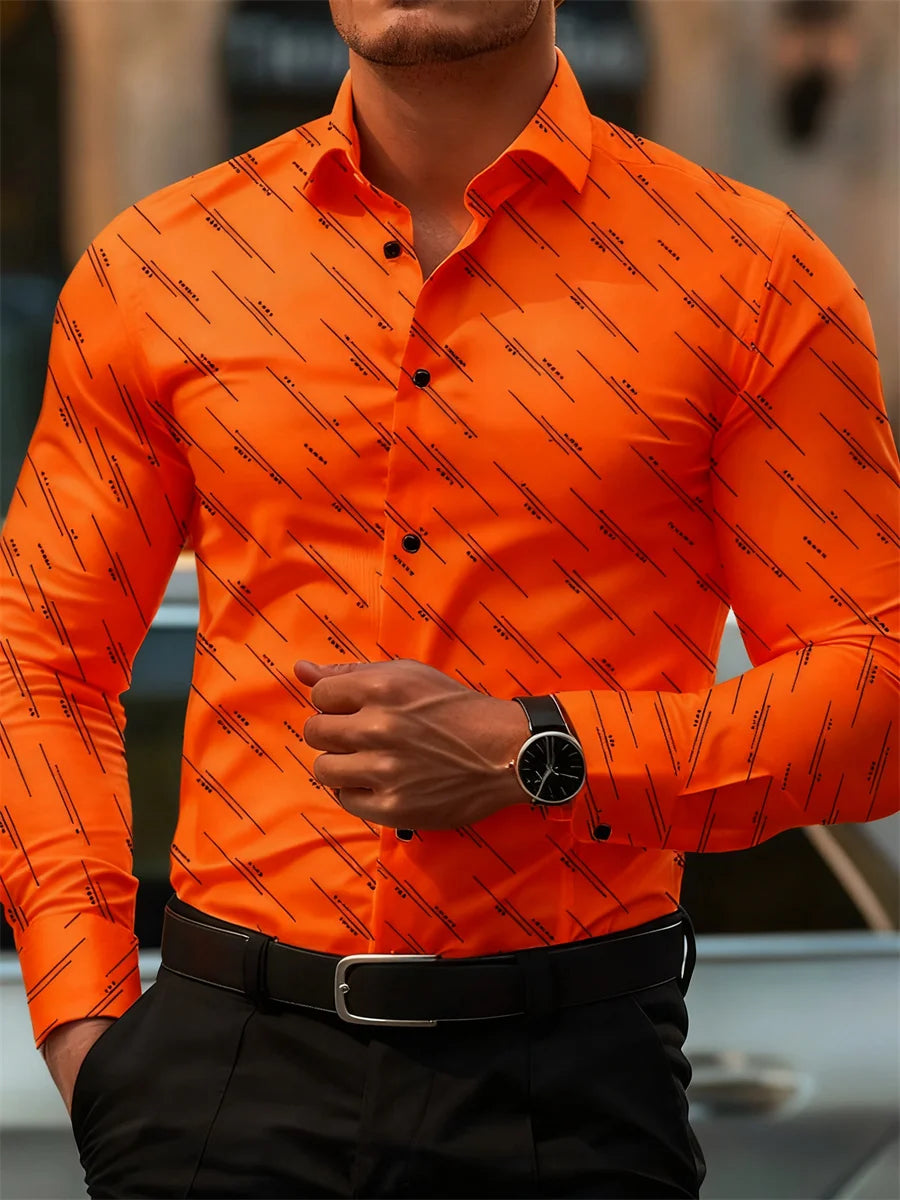 Men's Shirt Fashion Geometric Line Print Long Sleeve Shirt Business Office Casual Slim Versatile Daily Outdoor Commuting Top