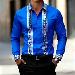 Men's Retro Geometric Print Shirt, Stylish Long-Sleeve Black Shirt, Business Casual Men's Top, Multiple Colors Available, XS-6XL