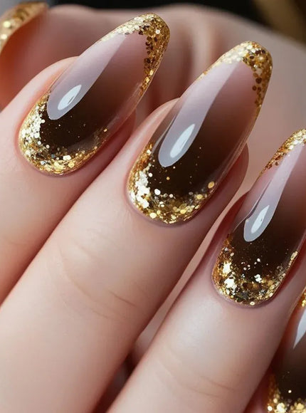 KissIcon Almond False Nails Glitter French - Glossy