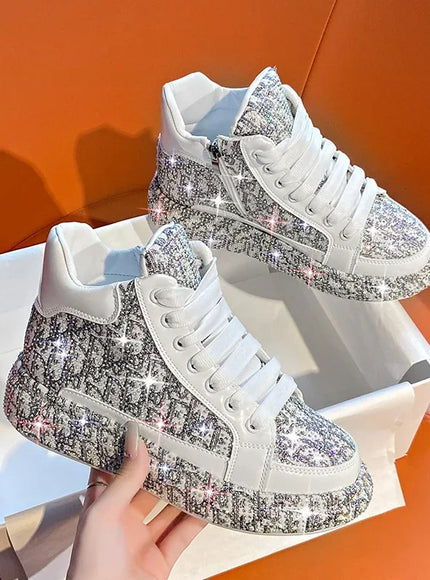 Women Luxury Vulcanized Shoes Sneakers Bling Rhineston Wedges Thick Bottom Lace Up Breathable Casual Sport Shoe plataforma mujer