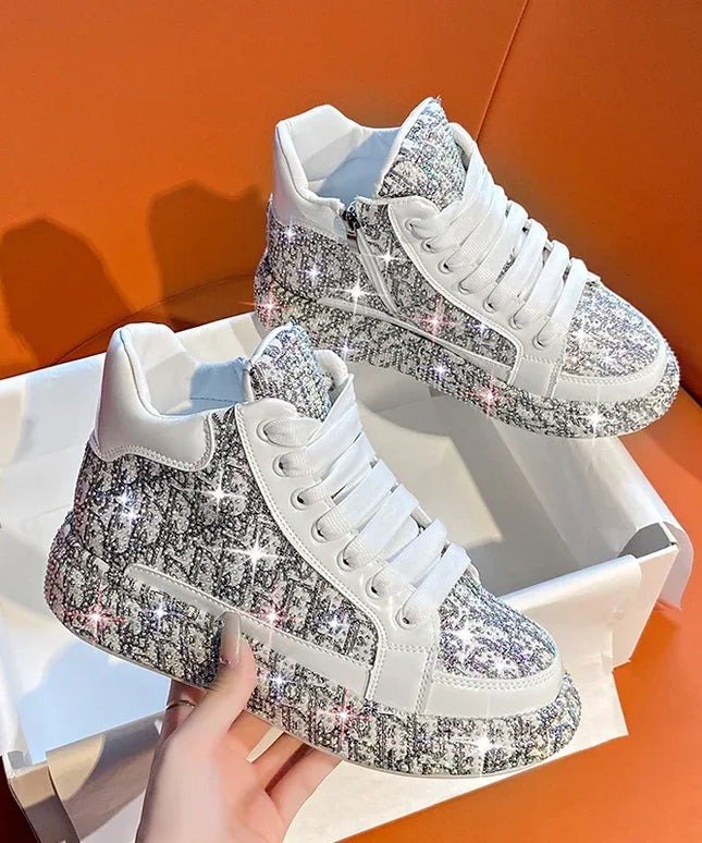 Women Luxury Vulcanized Shoes Sneakers Bling Rhineston Wedges Thick Bottom Lace Up Breathable Casual Sport Shoe plataforma mujer