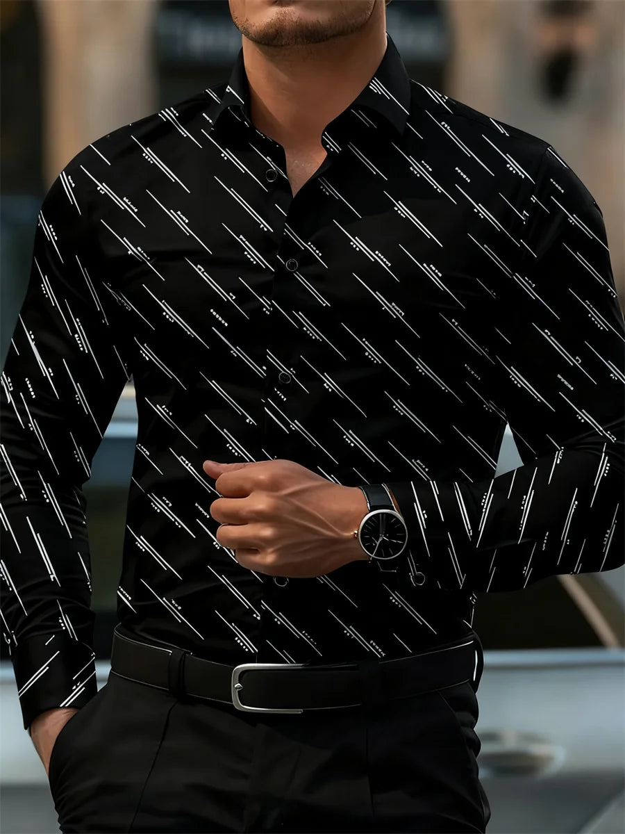 Men's Shirt Fashion Geometric Line Print Long Sleeve Shirt Business Office Casual Slim Versatile Daily Outdoor Commuting Top
