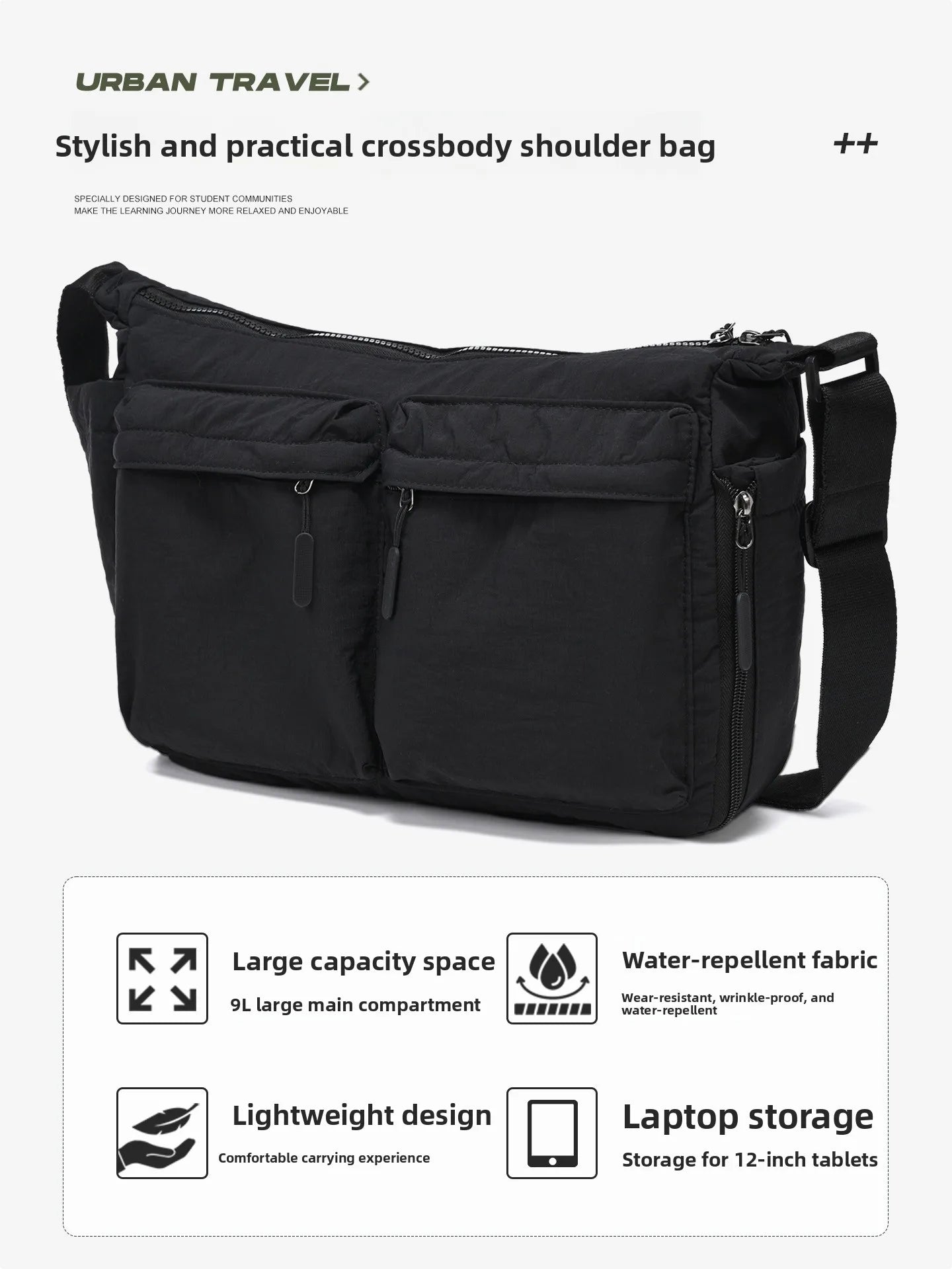 Unisex Casual Slanting Crossbody Bag Large Capacity Black Versatile Commuting Bag for Men And Women Suitable for Daily Use