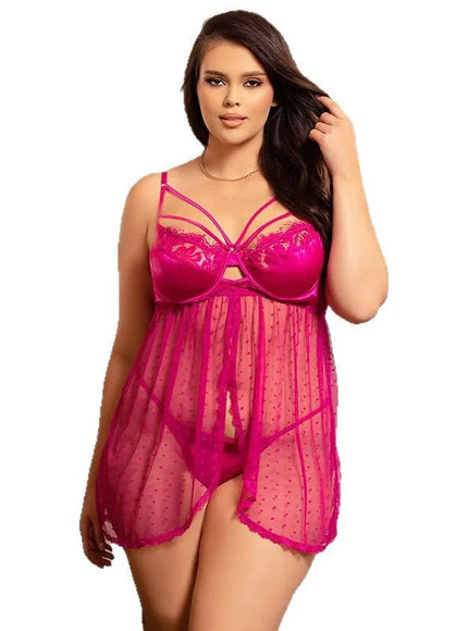Lovely Transparent lace mesh with polka dots Hot Pink Woman babydoll chemise lingerie set pajama set with G-String from M-5XL
