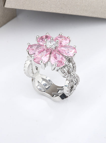 KissIcon Zircon Ring Pink Flower Peach 925 - Elegant Bloom