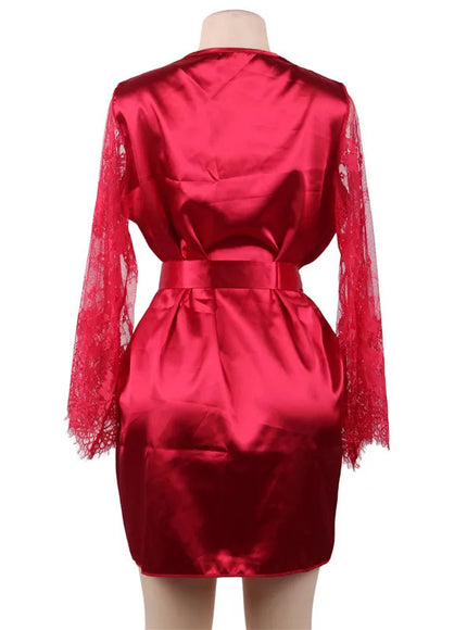 Big Size Women's Faux Silk Robe Set Transparent V Neck Sleepwear Nightgown Plus Size Sexy Babydoll Lingerie with Panties