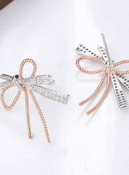 S925 Silver Plated Bowknot Stud Earrings Two Tone Zircon