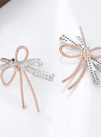 S925 Silver Plated Bowknot Stud Earrings Two Tone Zircon