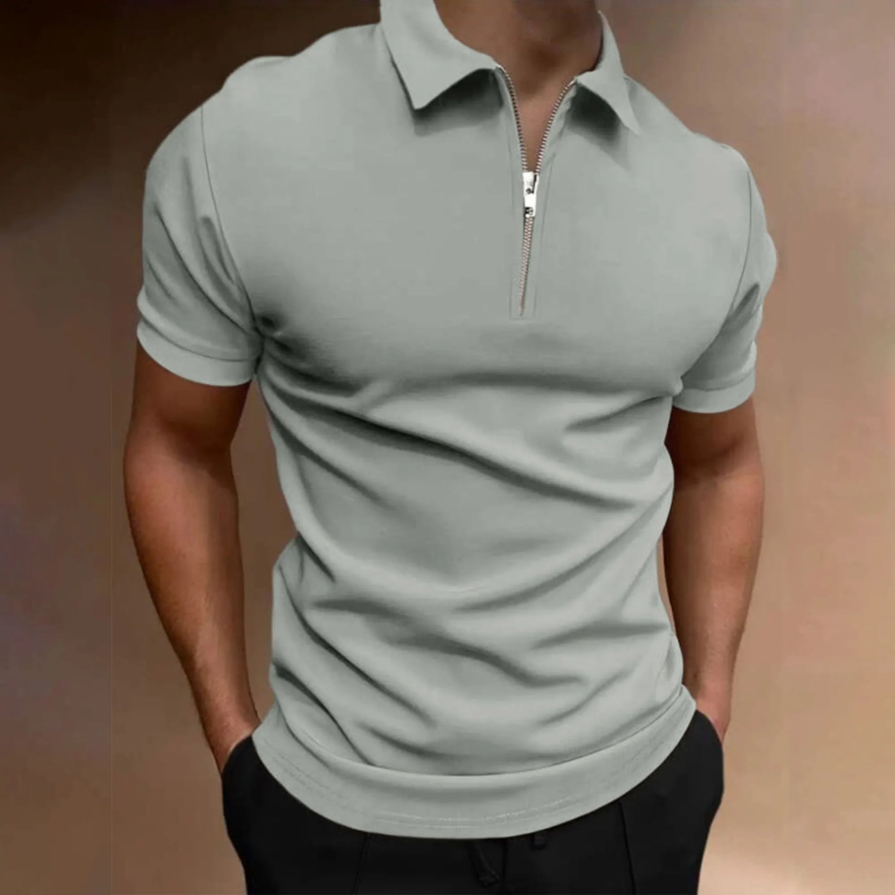 Men's polo shirt solid color short-sleeved zipper lapel T-shirt casual top