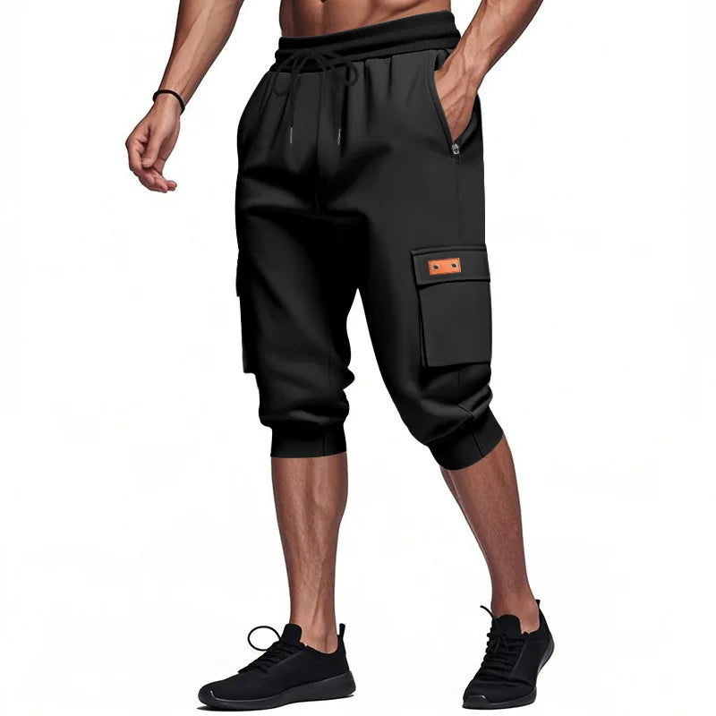 Men Elastic Drawstring Waist Cargo Capri Shorts Multi Pockets Jogger Cropped Sweatpants Casual Sports 3/4 Pants