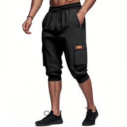Men Elastic Drawstring Waist Cargo Capri Shorts Multi Pockets Jogger Cropped Sweatpants Casual Sports 3/4 Pants