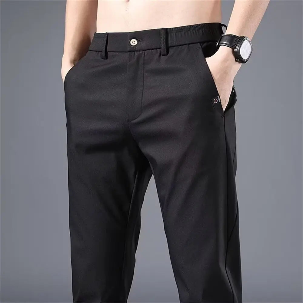 2024 Summer New Thin Ice Silk Stretch Men's Pants Casual Elastic Waist Smooth Trouser Pants Male Brand Clothing 5 Colour