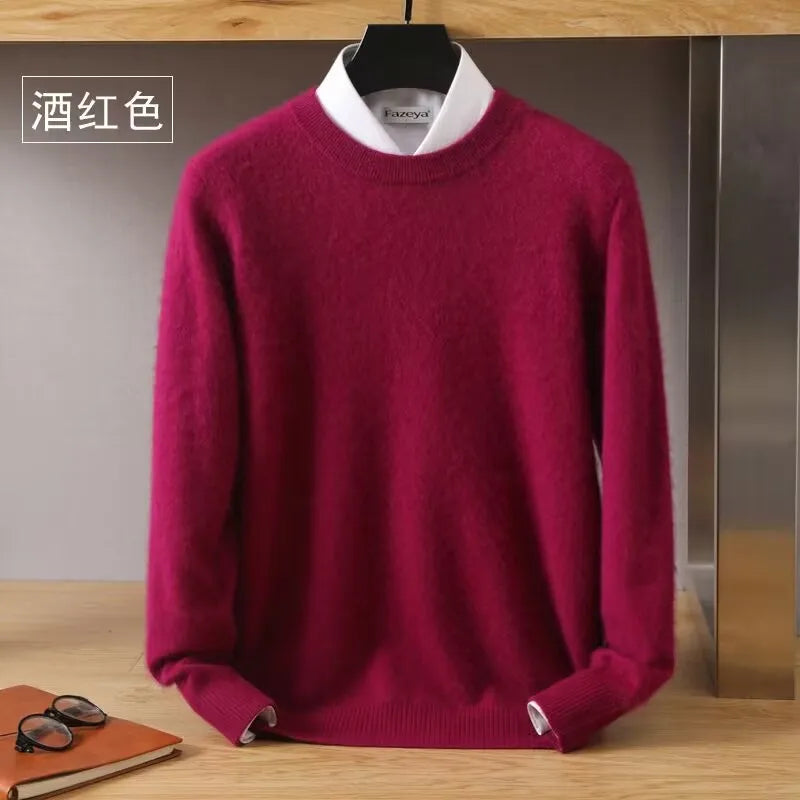 Autumn Winter New Men's Sweater Round Neck Loose Pullover Knitted Sweater Casual Solid Color Thickened 100% Mink Cashmeresweater