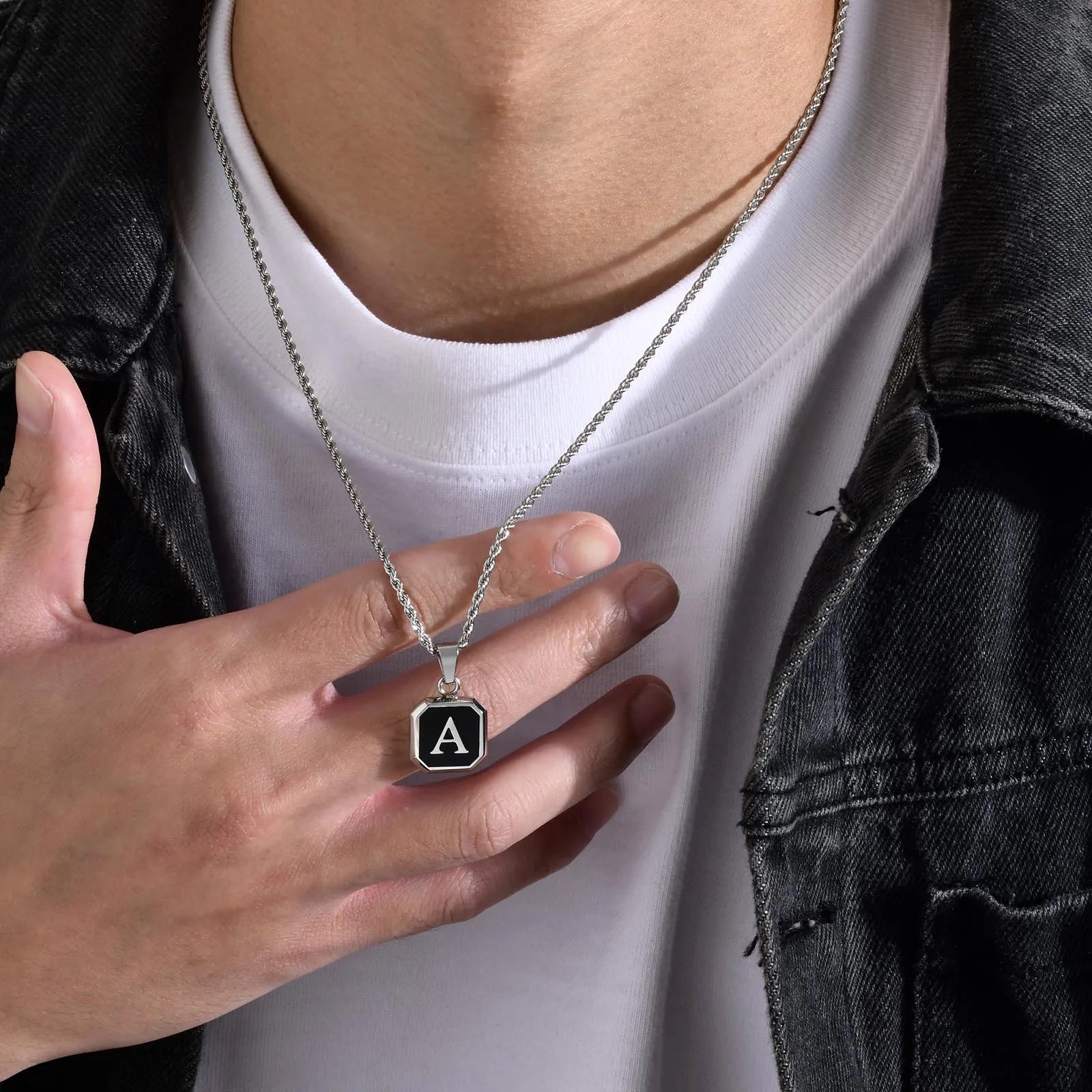 Initials Necklaces for Men Women,A-Z 26 Letters Black Square Stainless Steel Pendant Collar,45-60CM Twisted Rope Chain Gifts