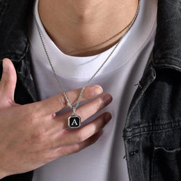 Initials Necklaces for Men Women,A-Z 26 Letters Black Square Stainless Steel Pendant Collar,45-60CM Twisted Rope Chain Gifts