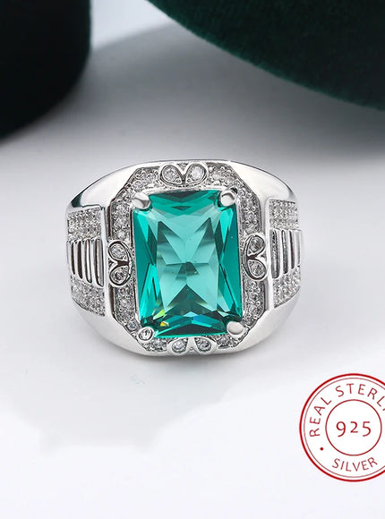 Unisex S925 Silver Engagement Rings Square Green Zircon