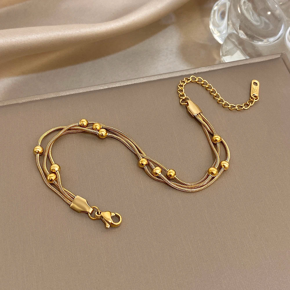 Stylish Gold Silver Color Stainless Steel Adjustable Bracelet for Women Elegant Multilayer Wrap Beaded Bracelets Party Jewelry