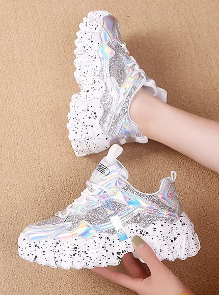Comemore Women New Bling Platform Sneakers for Girls Casual Chunky Sneaker 6cm Thick Bottom Sports Shoes Platform Red Silver 40