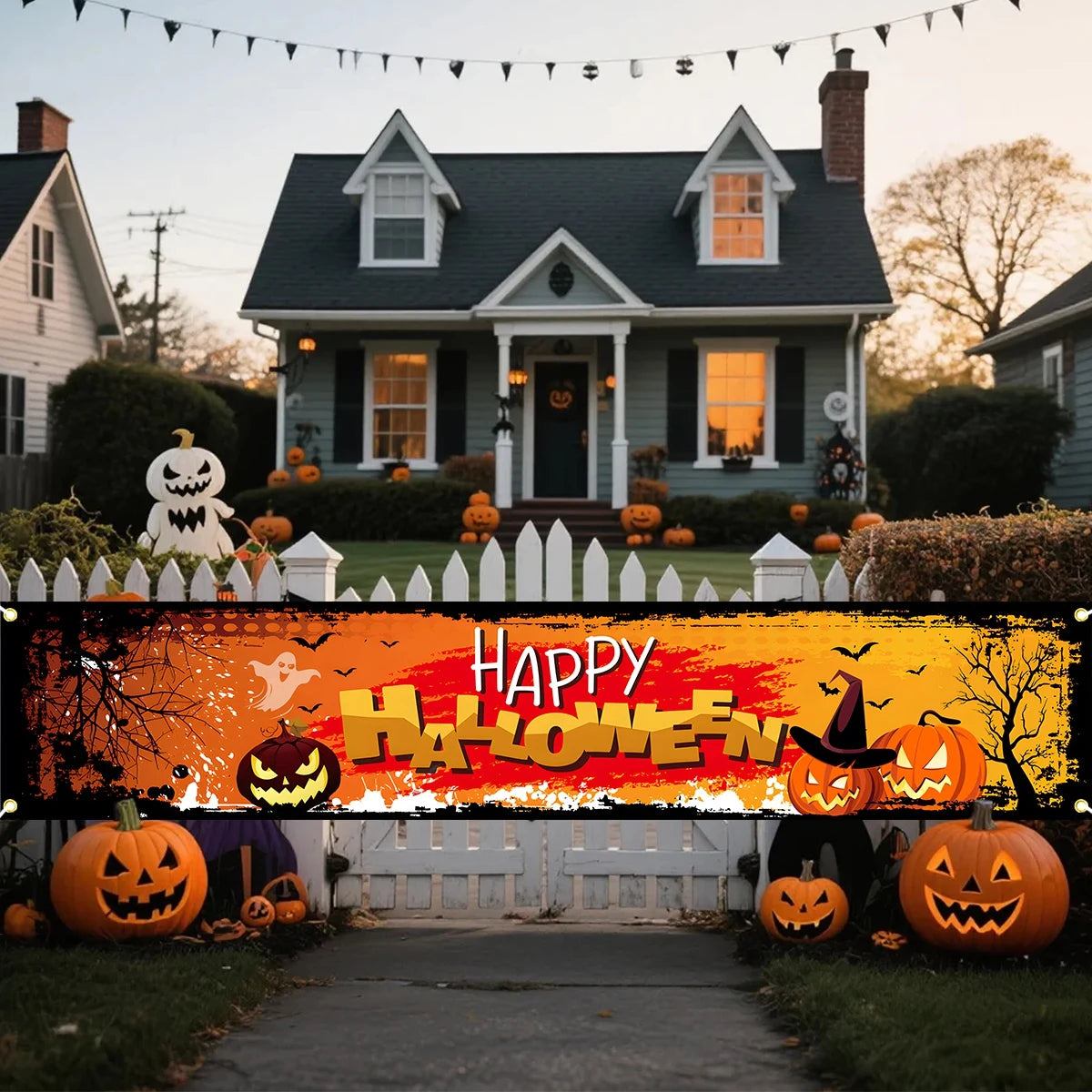 200x40cm Happy Halloween Pumpkin Bat Ghost Print Party Backdrop Polyester Hanging Banner 2025 Halloween Decorations