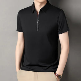 New Men's Business Casual Zipper Short Sleeve Solid Color Polo Shirt Fashionable Warm Comfortable Four Seasons Versatile Top