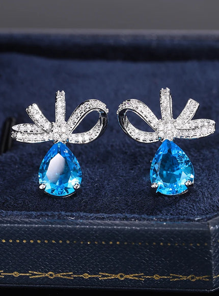 KissIcon Exquisite Blue Zircon Bow Earrings Silver Plated