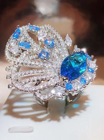 KissIcon Blue Zircon 925 Silver Plated Ring - Adjustable