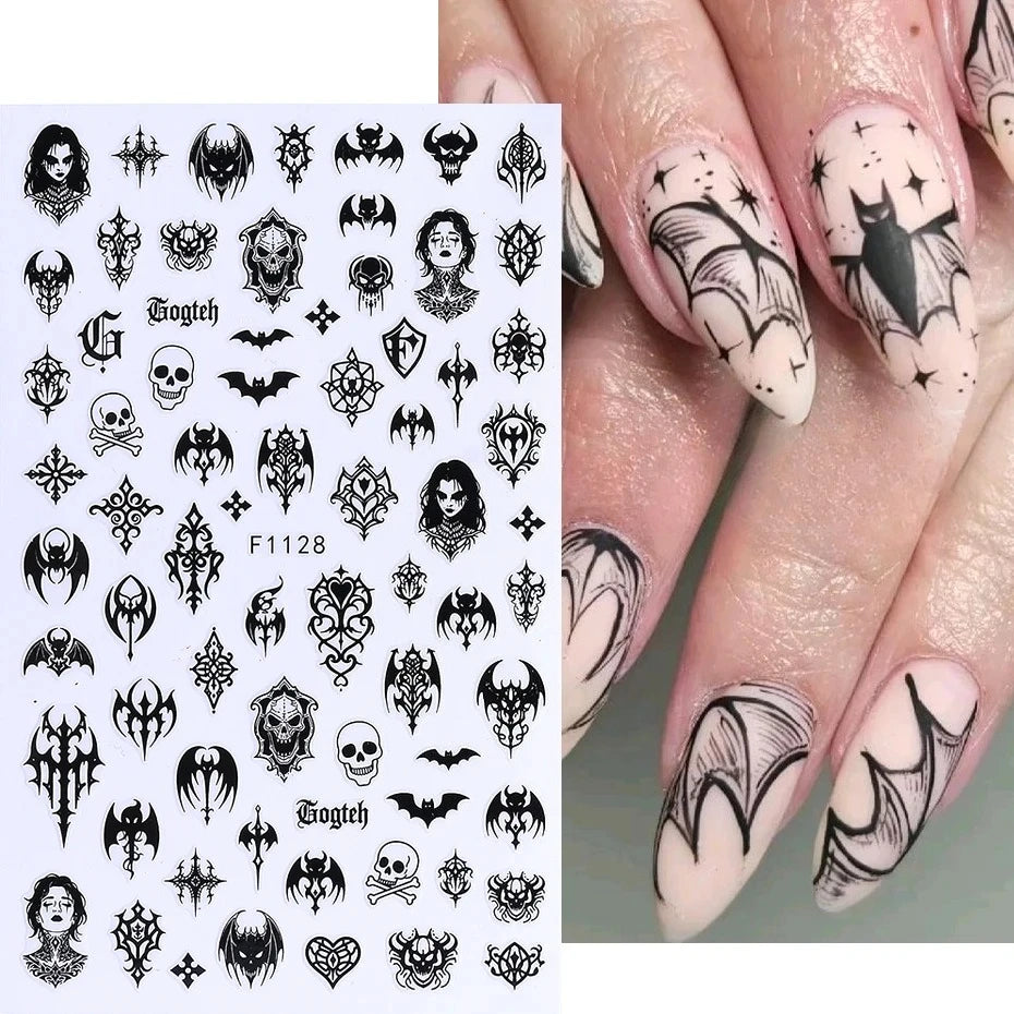 3D Gothic Black Halloween Nail Stickers Cool Design Alphabet Letter Lace Castle Skull Y2K Manicure Decoration Accessories