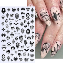 3D Gothic Black Halloween Nail Stickers Cool Design Alphabet Letter Lace Castle Skull Y2K Manicure Decoration Accessories