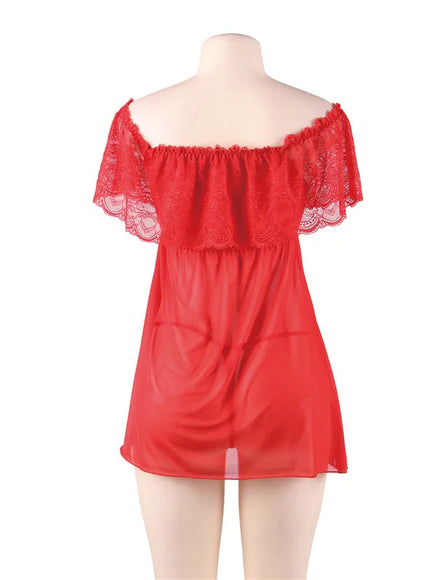 Plus Size Women Bklack Red Transparent Mesh Babydoll Chemise Sleepwearnight gown Valentine Birthday Gift from M-5XL