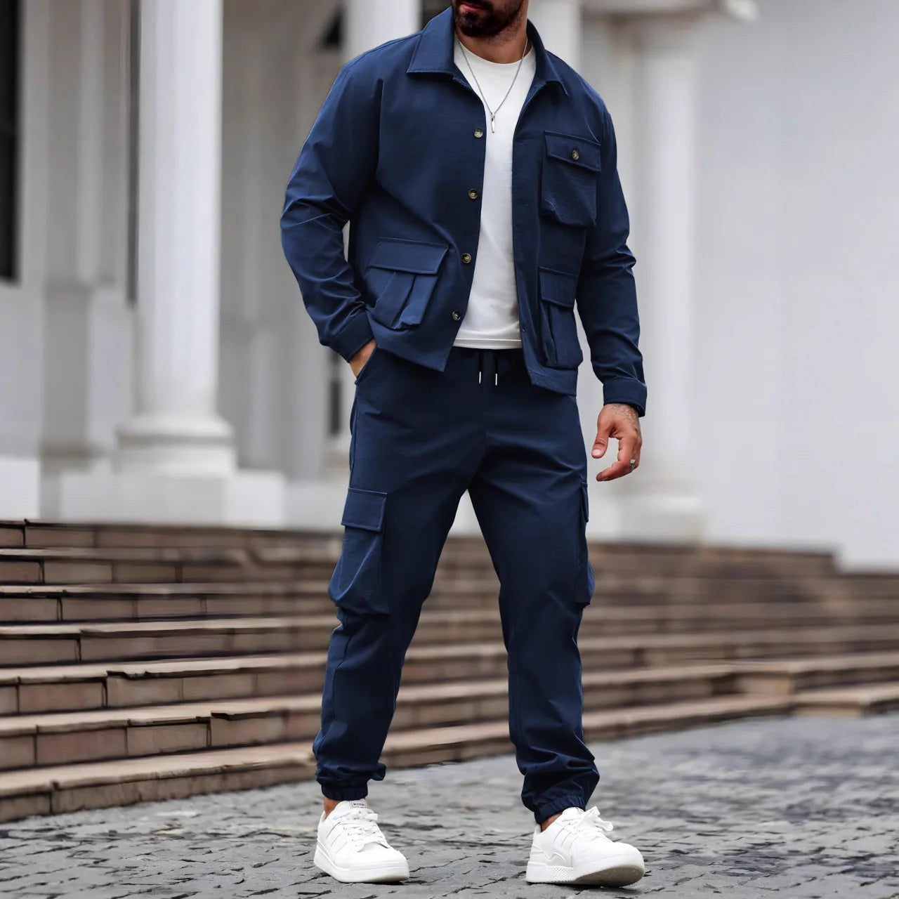 Spring and Autumn Men's fashionable new sporty workwear style solid color multi-pocket design long-sleeved long pants set