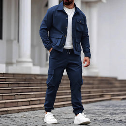 Spring and Autumn Men's fashionable new sporty workwear style solid color multi-pocket design long-sleeved long pants set