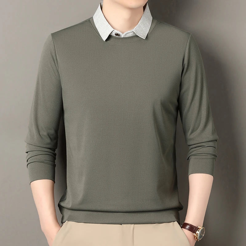 2026 New Men's Fake Two Piece Polo Shirt Casual Fashion Long Sleeve Collar T-shirt Versatile Top