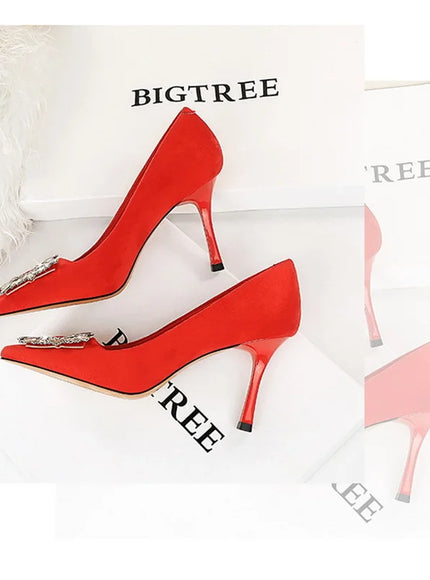 Fashion Women High Heels Metal Rhinestone Buckle Square