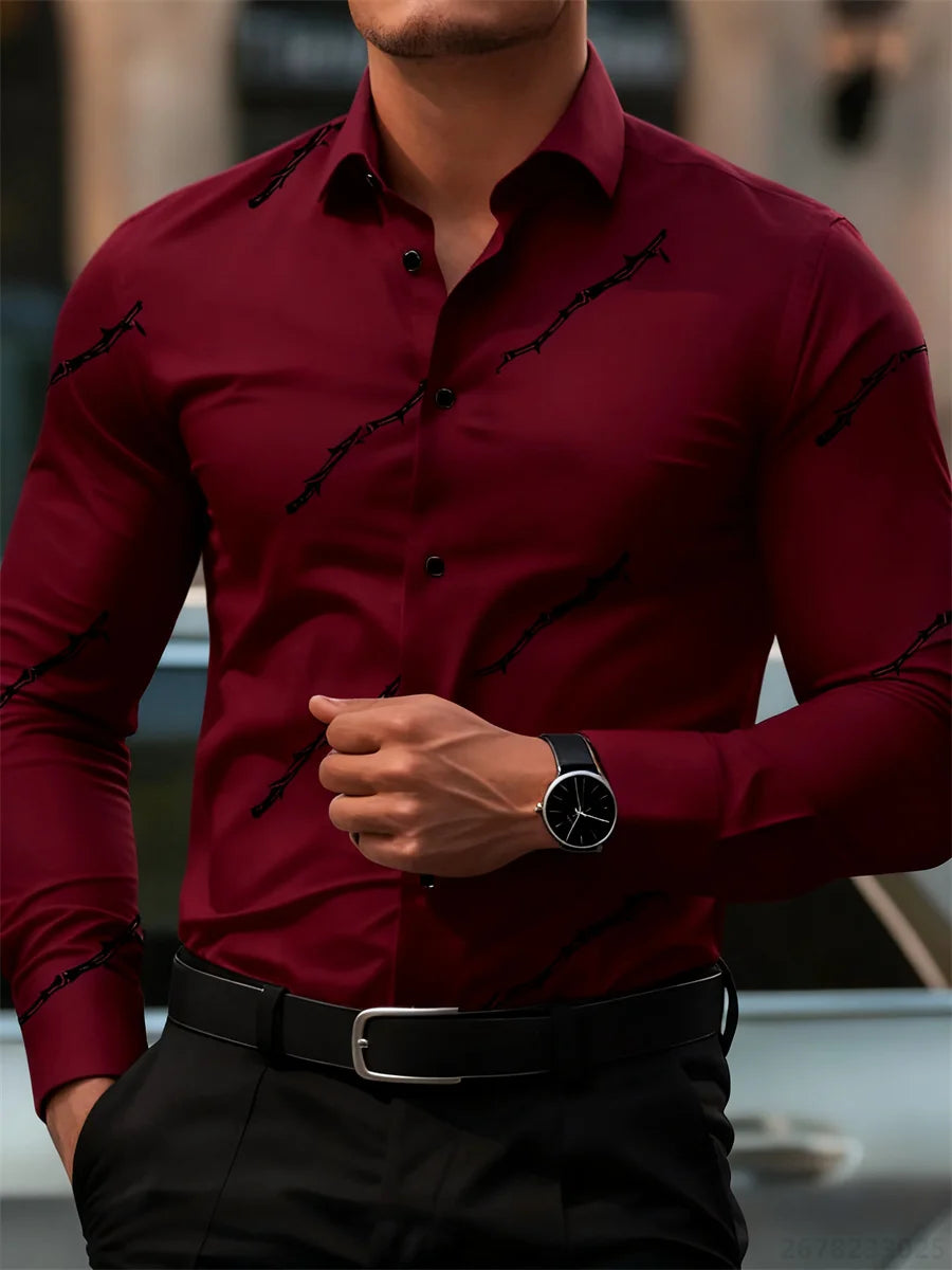 Men's personalized thorn print long-sleeved shirt. Business casual style, fashionable design, versatile and non-iron shirt.