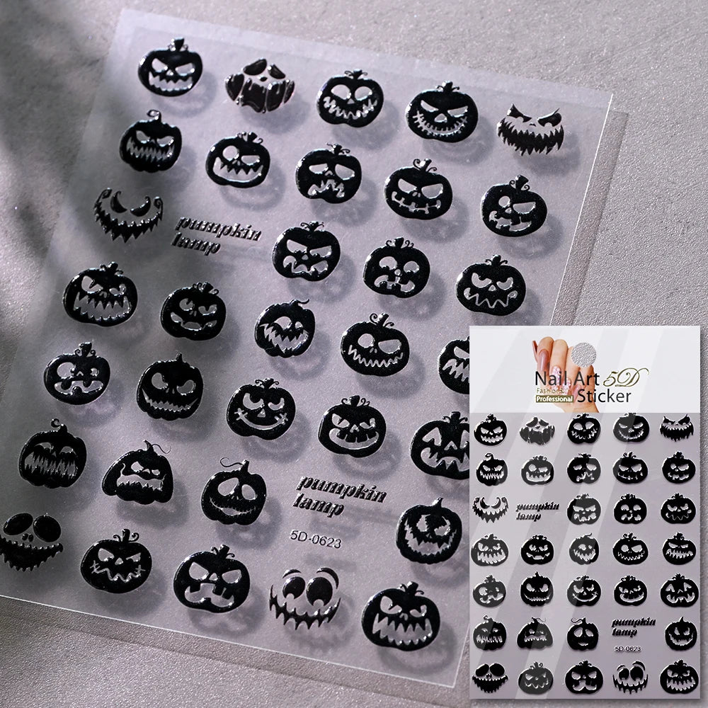 5D Skeleton Bat Halloween Nail Art Stickers y2k Black Bat White Skull Adhesive Emobossed Nail Decorative Decals Halloween Slider