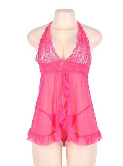 Plus size half tansparent mesh satin women sexy lingerie set nightgown and sleepshirts babydoll chemise with G-String from M-5XL