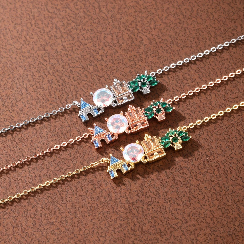 18K Gold Plated Colored Zircon Inlaid Amusement Park Pendant Necklace Cute Sweet Design Versatile Fashion Jewelry Girl 's Gift